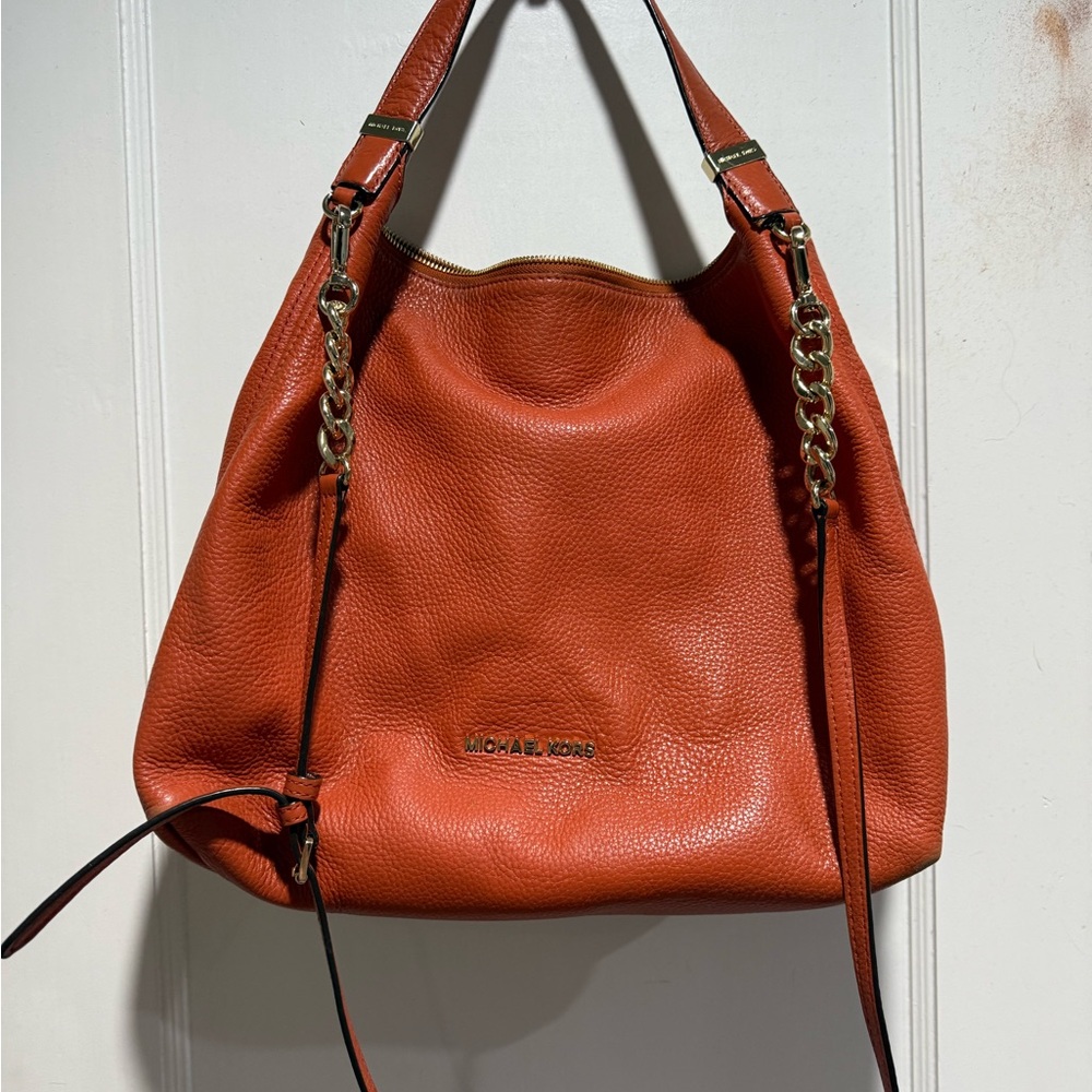 Michael Kors Orange Pebbled Leather Shoulder Hobo with Gold Chain Accents